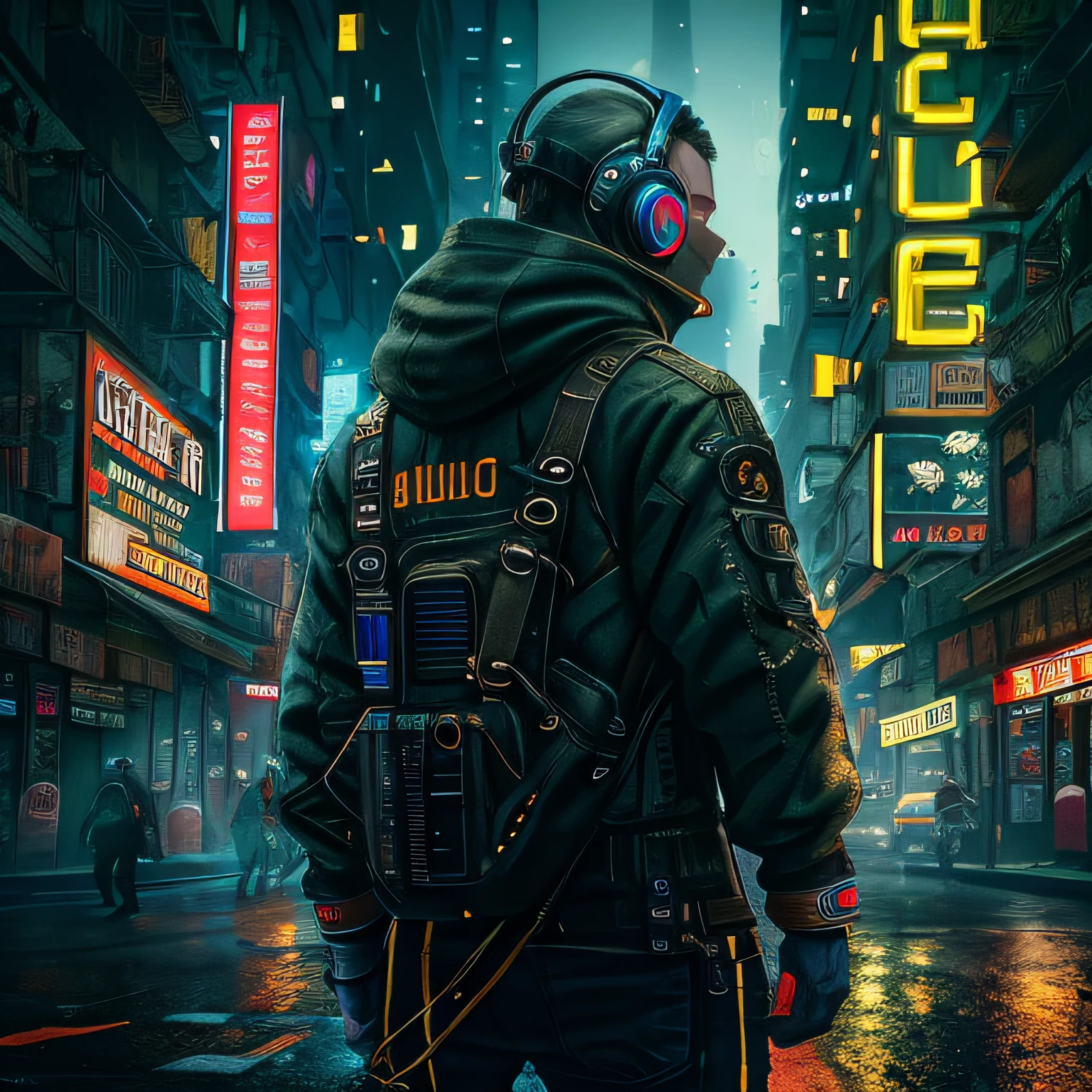 the street, cyber punk personage, steampunc, of a man, from back, look at the skyscrapers, Long, are in the center, medium distance, and it is raining, (The content is very detailed:1.2), (Intricate neon slums in the background:1.1), ultra - detailed, (gentlesoftlighting:1.2), A high resolution, Film Particle, ray traycing, tmasterpiece, 8K, raw.