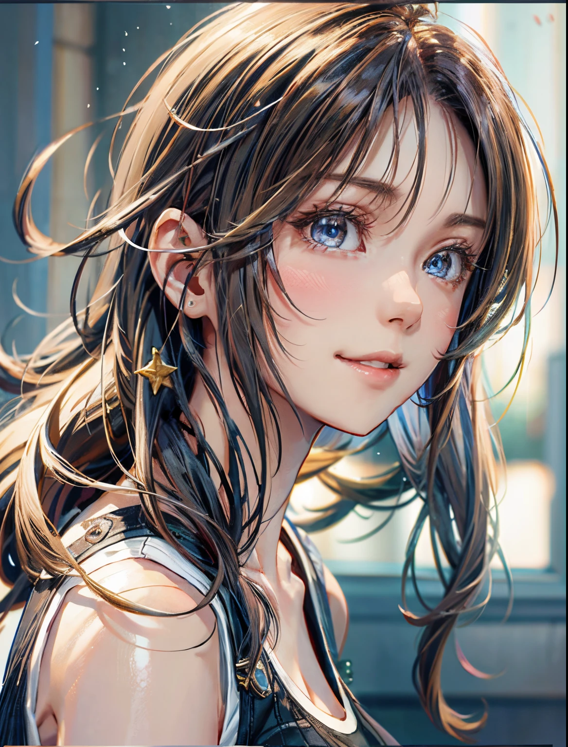 masutepiece、Best Quality、Raw photo、profetional lighting、Top image quality、masterpiece、Live-action depiction、Top quality backgrounds、professionally lit、Russian、a blond、the eyes are blue、Smiling a little、Hairstyle Long、White tank top、The background is breasts、