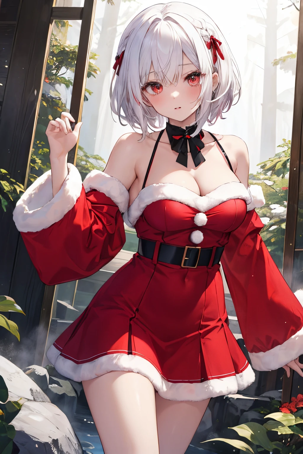 Masterpiece、top-quality、Adult Female 1、ultra-detailliert White hair、Red hair、gradation hair、Perm hair、short-hair santa dress、a short skirt、off shoulders、cleavage of the breast Shoulder to shoulder snowy forest