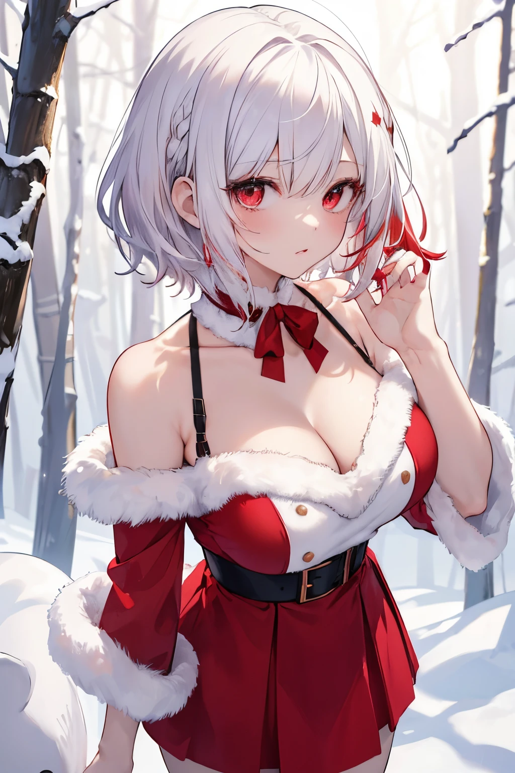 Masterpiece、top-quality、Adult Female 1、ultra-detailliert　White hair、Red hair、gradation hair、Perm hair、short-hair　santa dress、a short skirt、off shoulders、cleavage of the breast　Shoulder to shoulder　snowy forest