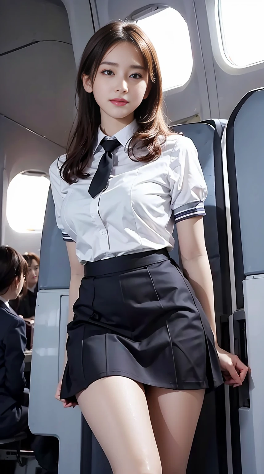 top-quality, ​masterpiece, 8K, 超A high resolution, (Photorealsitic:1.4), 1girl in、beautiful countenance、symmetrical eye、Colossal tits、Perfect body proportion、Stewardess uniform、frills skirt、Look at viewers、(Inside the plane:1.2)、front-facing view、Shoulder、Angle from below、View from below、Thigh emphasis、