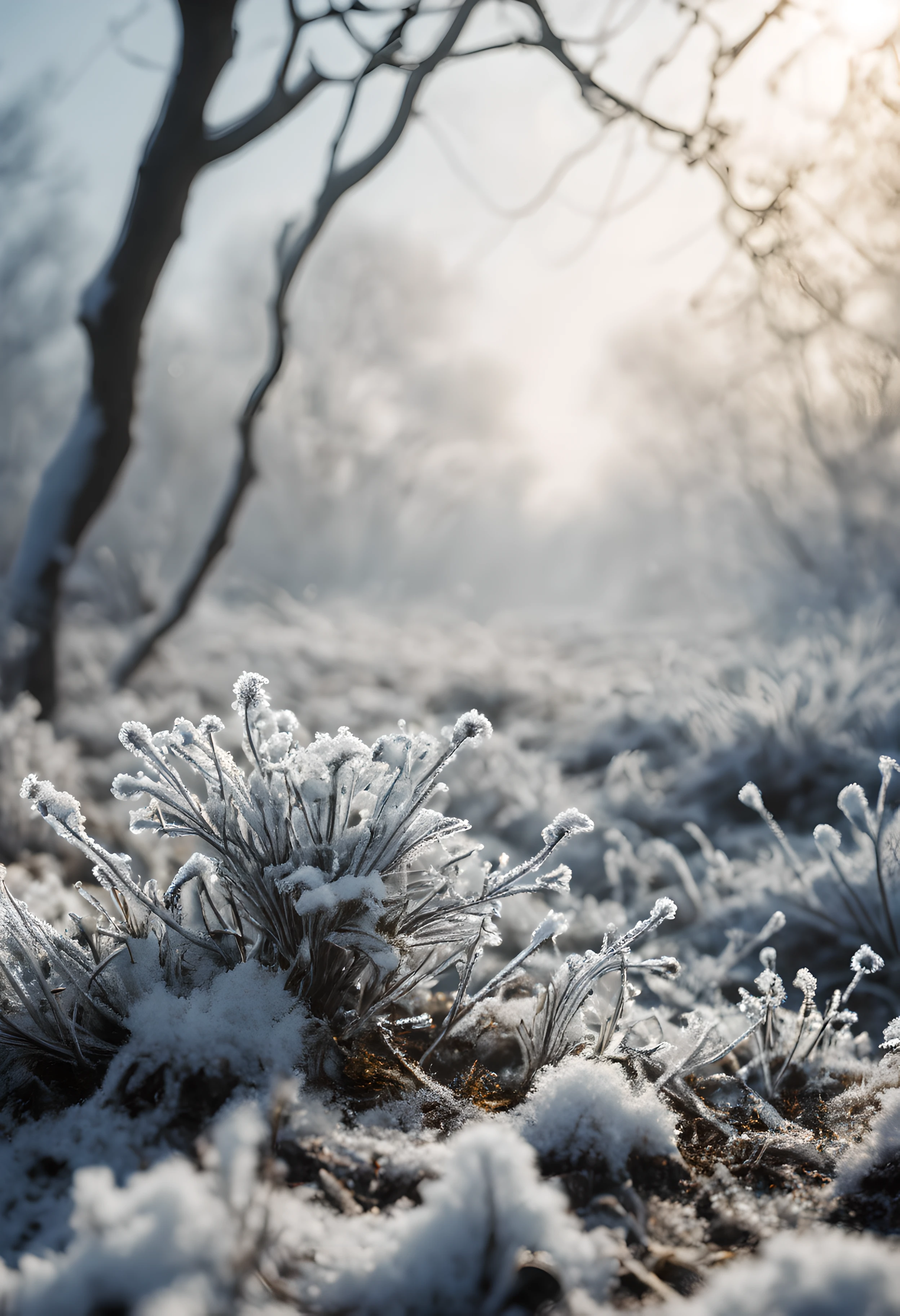 Winter morning,The ground is covered with snow, There are a few branches on the ground, Frost flowers, There was a little fog on the ground, Close-up shot, The background is unreal, bright,Natural soft light , movie light effect, 35 mm photo, lightand shade contrast, award winning photography, in a panoramic view, actual, Sony FE , 8K, Top corner