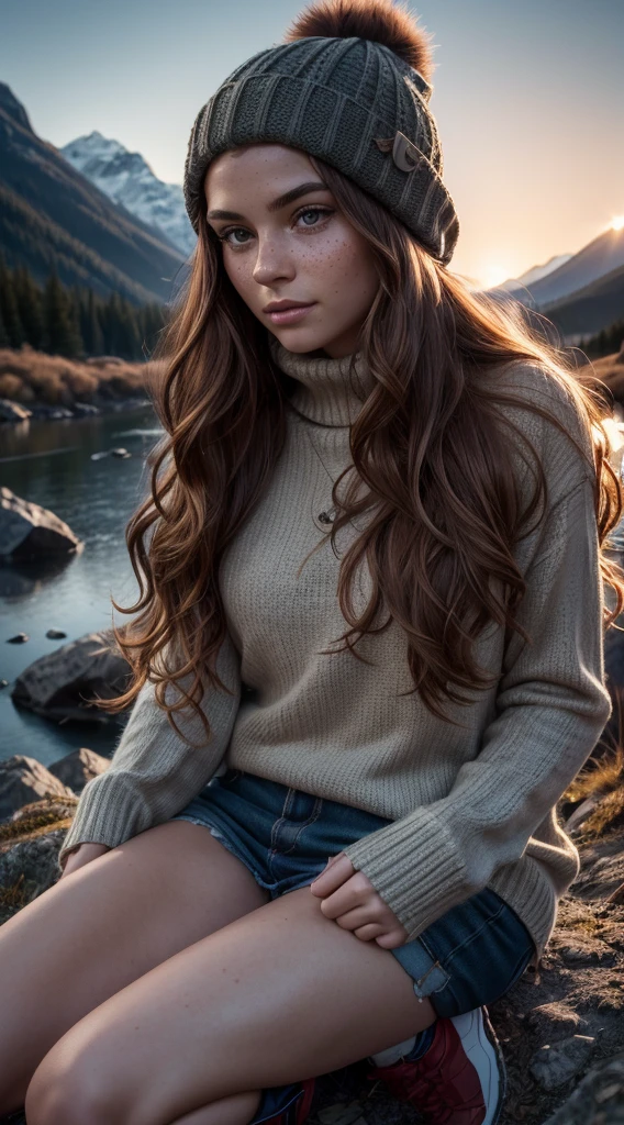 photorealistic, best quality, hyper detailed, beautiful woman, full body, solo, wearing pullover legs and boots, outdoors, (night), mountains, real life nature, stars, moon, (cheerful, happy), sleeping bag, gloves, sweater, beanie, flashlight, forest, rocks, river, wood, smoke, fog, clear sky, analog style, looking at viewer, skin texture, freckles, film grain, close up, ultra high res, best shadow, RAW ((red wavy hair))