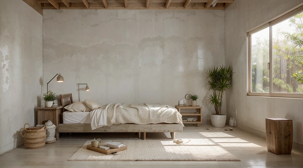 (best quality,realistic), wabi sabi, rustic wooden material, white concrete, morning light, bright interior, textured walls, minimalistic design, natural elements, soft color palette, subtle details, clean lines, cozy atmosphere, serene ambiance, imperfect beauty, aged textures, organic forms, simplicity, peacefulness, harmony, mindfulness, green potted plant, blend with nature.