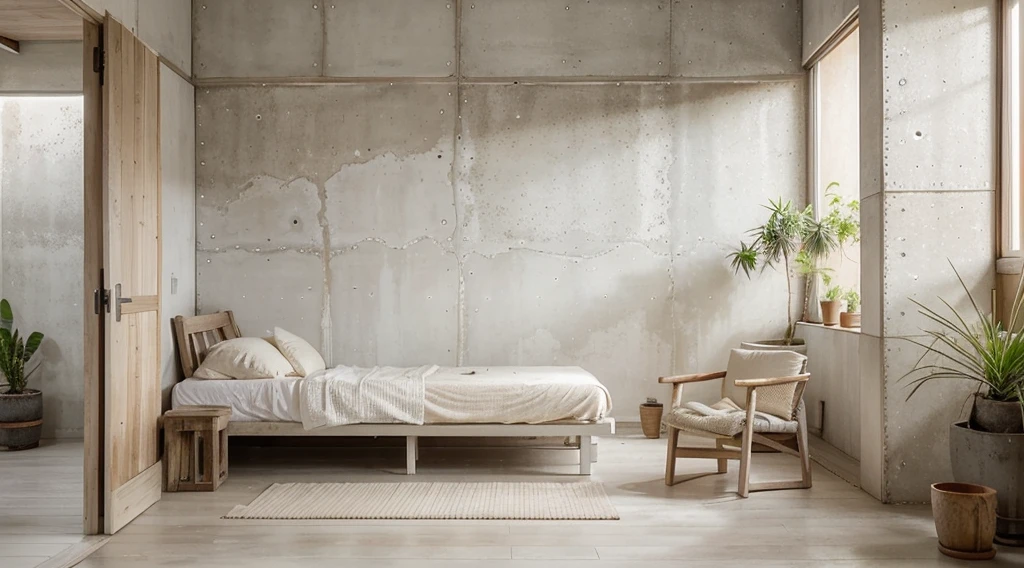 (best quality,realistic), wabi sabi, rustic wooden material, white concrete, morning light, bright interior, textured walls, minimalistic design, natural elements, soft color palette, subtle details, clean lines, cozy atmosphere, serene ambiance, imperfect beauty, aged textures, organic forms, simplicity, peacefulness, harmony, mindfulness, green potted plant, blend with nature.