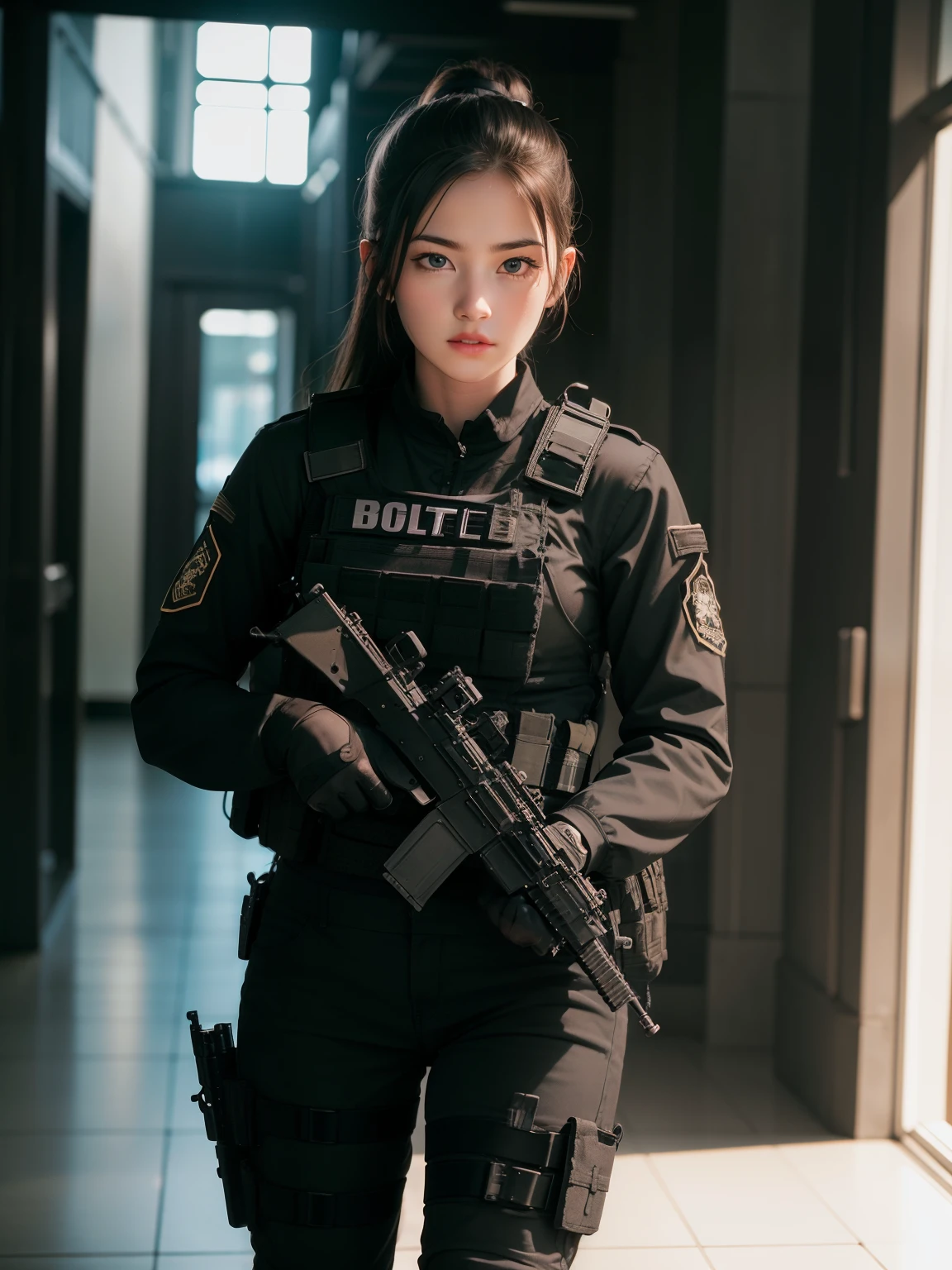 ((best quality)), ((masterpiece)), (detailed), beautiful lighting, best quality, realistic, full body portrait, real picture, intricate details, depth of field, 1girl, A very muscular solider girl with long haircut, around 20 years old wearing a black uniform holding a gun in the hallway, wearing Swat tactical gear, photography of a techwear woman, dressed in Swat tactical armor, black Swat tactical gear, Tactical vest and holster, Beautiful Female Soldier, Holding a rifle, closeup portrait shot, Have an MP7, holding rifle, special forces security, airsoft cqb, highly-detailed, perfect face, blue eyes, lips, wide hips, small waist, tall, make up, Fujifilm XT3, outdoors, bright day, Beautiful lighting, RAW photo, 8k UHD, film grain, ((bokeh))