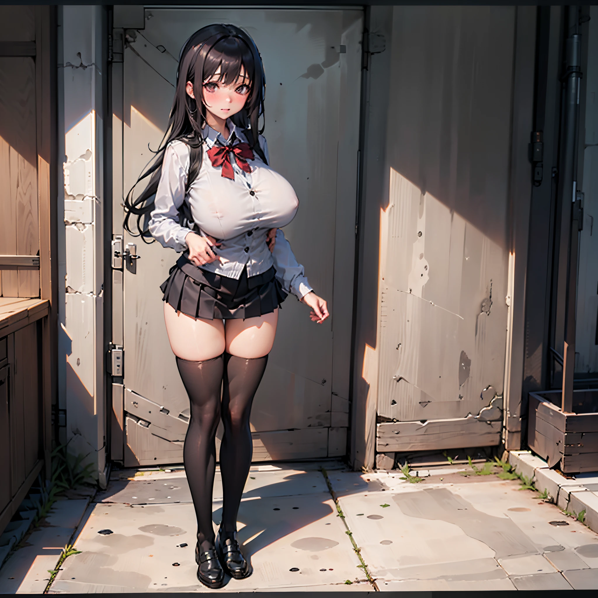 (solo girl standing:1.3), (huge perky breasts:1.7), thin waist, (thin long legs:1.5), (black thighhighs:1.3), (very short skirt:1.5), nose blush, school uniform