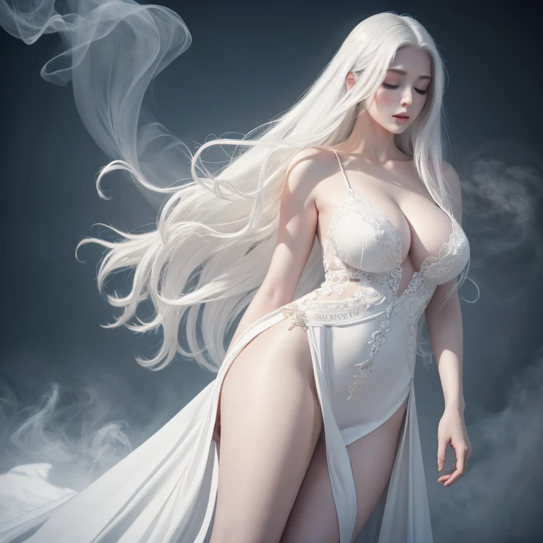 (best quality, HD:1.2), ultra-detailed, (realistic:1.37), beautiful girl with angelic face, elegant white long dress, long floating white hair, pale skin, closed eyes, pale lips, big breasts, bare feet, smoke mist background, soft lighting