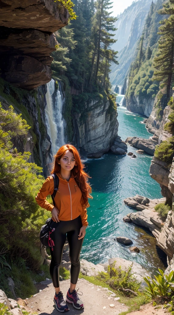 Generate an ultra-realistic image of Sophia Garcia, a 20-year-old Turkish woman with orange hair and brown eyes, dressed in a hiking outfit. Sophia is standing at the edge of a cliff, with a stunning view of lush trees below. Her expression is one of sarcastic anger as she looks directly at the camera., she is about to laugh The natural beauty of the cliffside surroundings should be depicted in detail, creating a striking and contrasting backdrop to her emotions. Emphasize the ultra-realistic quality of the image, aiming for a photograph-like level of detail.