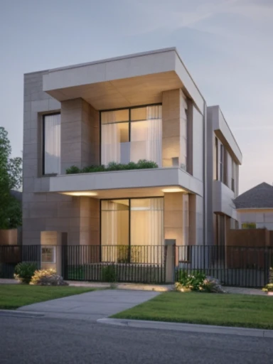 (masterpiece),(high quality), best quality, real,(realistic), super detailed, (full detail),(4k),8k, modern house exterior design, Modern architecture, whitewall, Sandstone GRAY, Beautiful_sky, SUNSET, no_humans, outdoors, sky, tree, Garden flower front of building,