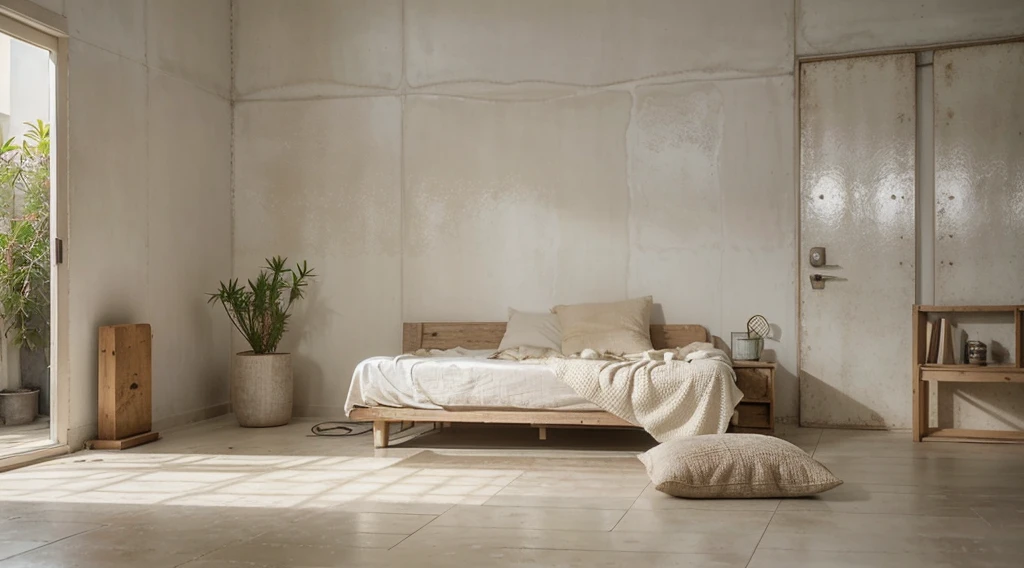 (best quality,realistic), wabi sabi, rustic wooden material, white concrete, morning light, bright interior, textured walls, minimalistic design, natural elements, soft color palette, subtle details, clean lines, cozy atmosphere, serene ambiance, imperfect beauty, aged textures, organic forms, simplicity, peacefulness, harmony, mindfulness, green potted plant, blend with nature.