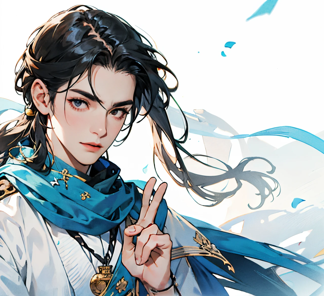 boy with long black hair,white satin,Blue scarf,purple badge,white backgrounid,4K,tmasterpiece,magic gesture,floated hair,fluttering streamers,white clothes,Close-up of the head,schoolboy,
