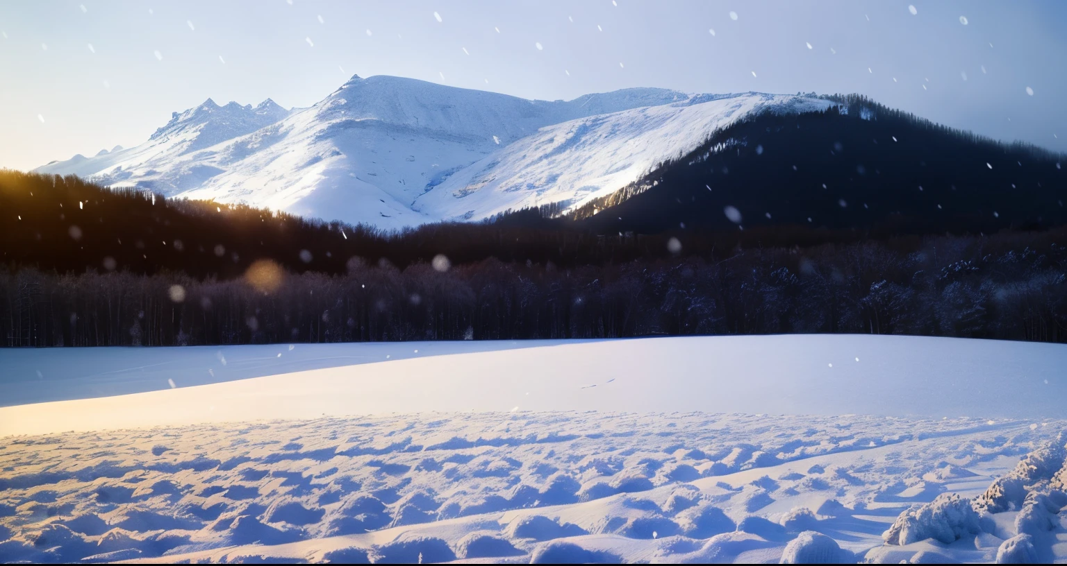 Snowflakes are falling over the fields, fantasia de cena de inverno, light snowing, snow landscape, snowflakes falling, moonlight snowing, Winter scenery outside, snow landscape, Snowy winter scene, Jungian Symbols of Winter, snow landscape background, Snowy environment, photorealistic landscapes, (yuki), lens flare blizzard, light snowing, snowflakes falling, snow landscape