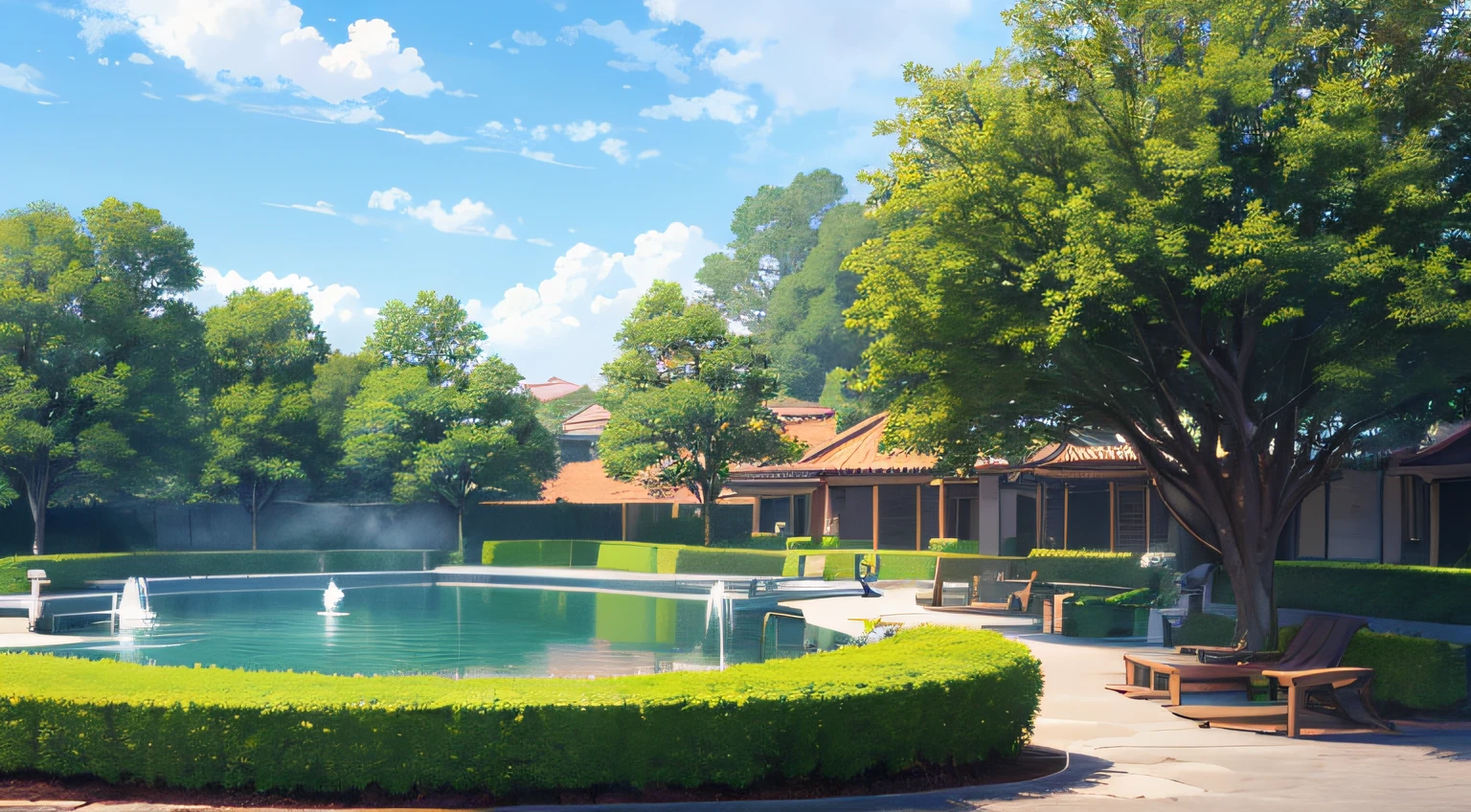 a park、Wagas、Plants、blue-sky、The tree、Benches、The fountain