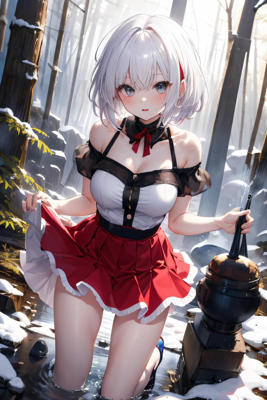 Masterpiece、top-quality、Adult Female 1、ultra-detailliert　White hair、Red hair、gradation hair、Perm hair、short-hair　santa dress、a short skirt、off shoulders、skirt rift、panties on　pissing　snowy forest