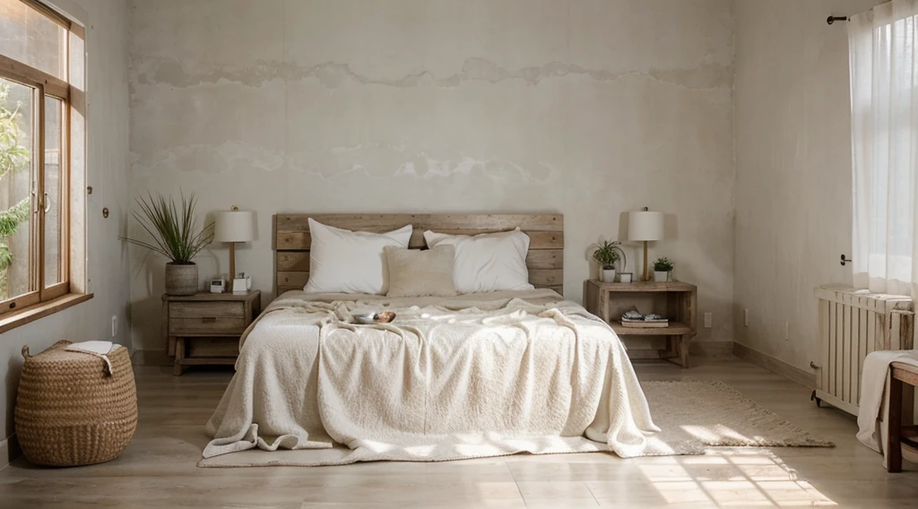 (best quality,realistic), wabi sabi, rustic wooden material, white concrete, morning light, bedroom, bright interior, textured walls, minimalistic design, natural elements, soft color palette, subtle details, clean lines, cozy atmosphere, serene ambiance, imperfect beauty, aged textures, organic forms, simplicity, peacefulness, harmony, mindfulness, green potted plant, blend with nature.