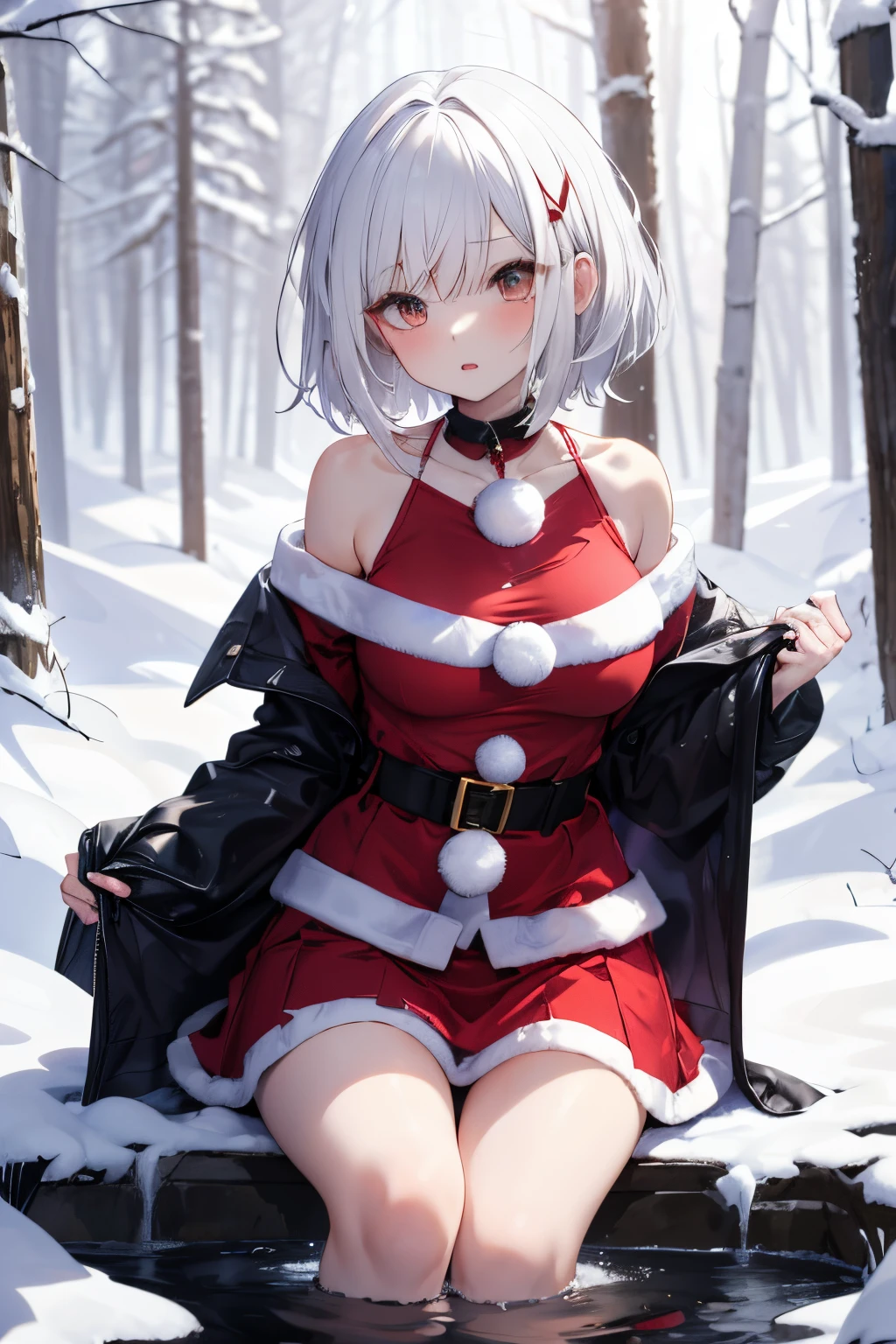 Masterpiece、top-quality、Adult Female 1、ultra-detailliert　White hair、Red hair、gradation hair、Perm hair、short-hair　santa dress、a short skirt、off shoulders、skirt rift、panties on　pissing　snowy forest