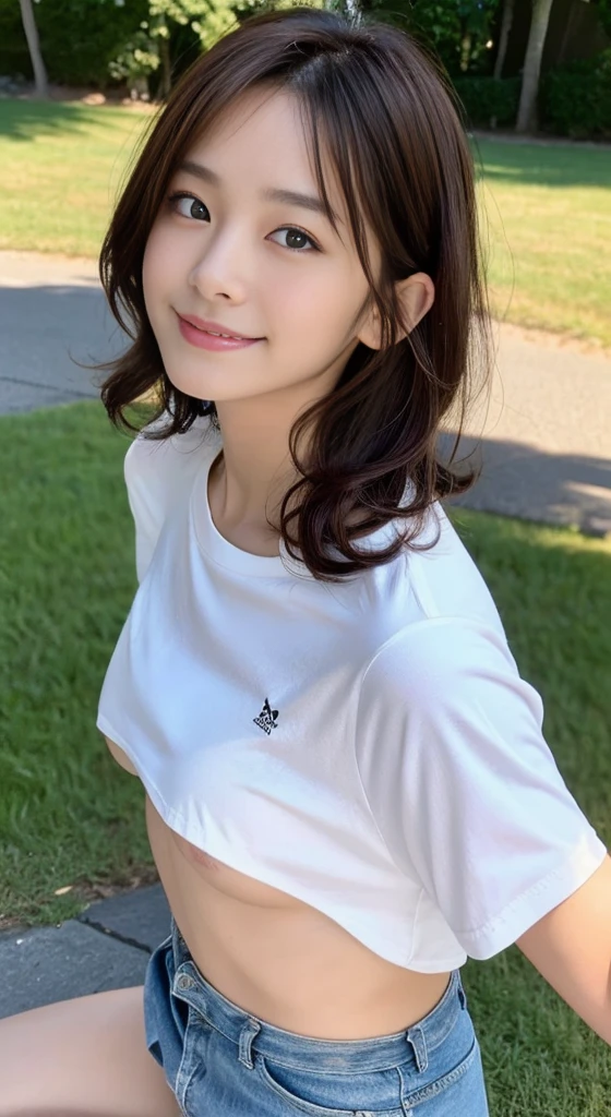 (top-quality,8K picture quality,​masterpiece:1.3,),(超A high resolution:1.3,Photorealsitic:1.4,Raw photography:1.2),(ultra-detailliert:1.2,shinny skin,Detailed skin:1.1),(Detailed face,Perfect Anatomy,Caustics:1.2),On the lawn,Sleep on your back,Overhead view,,女の子1人,kawaii,japanes,22year old,Japanese ido,Natural brown hair,Curl short hair outward,Pretty eyes,natural make up,Oversized T-shirt,a smile,Looking at the camera,up on the face,Face Focus,Professional Lighting,natural soft light, inverted nipples, white panties, nsfw, shortlist,