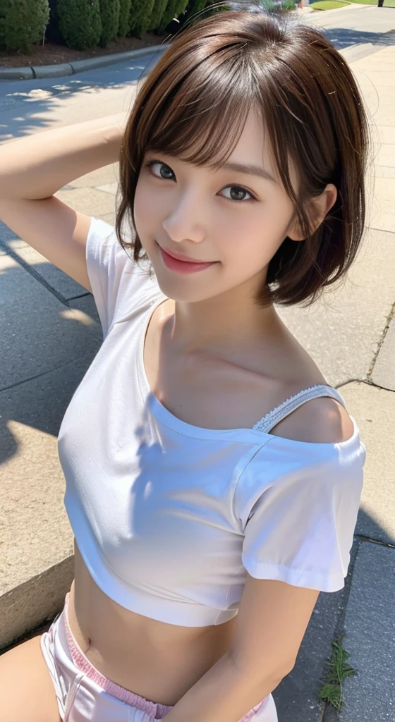 (top-quality,8K picture quality,masterpiece:1.3,),(超A high resolution:1.3,Photorealsitic:1.4,Raw photography:1.2),(ultra-detailliert:1.2,shinny skin,Detailed skin:1.1),(Detailed face,Perfect Anatomy,Caustics:1.2),On the lawn,Sleep on your back,Overhead view,,1人,kawaii,japanes,22year old,Japanese ido,Natural brown hair,Curl short hair outward,Pretty eyes,natural make up,Oversized T-shirt,a smile,Looking at the camera,up on the face,Face Focus,Professional Lighting,natural soft light, inverted nipples, white panties, nsfw, shortlist,