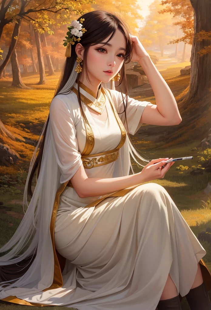 painting of a woman in a white dress sitting in a forest, by Yang J, goddess of autumn, inspired by Cynthia Sheppard, artwork in the style of guweiz, detailed painting 4 k, by Li Song, beautiful art uhd 4 k, by Zeng Jing, guweiz on artstation pixiv, elegant digital painting, by Xie Sun