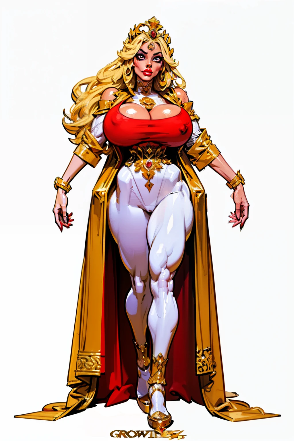 ((full body view:1.4)), ((masterpiece)), (((best quality))), ((mature face)), ((big eyes:1.4)), ((crown:1.4)), defined cheekbones, high cheekbones, illustration, ((muscular:1.3)), ((gold:1.4)),  bimbo, (:1.2),long hair, ((detailed face:1.4)) beautiful woman, (red lipstick:1.4), shiny skin, (()), scribbles and marks,(puffy lips:1.4) , rough sketches, pose, 8k,16k, ( background, white background: 1.3) ((warm color palette)), ((ancient aesthetic))