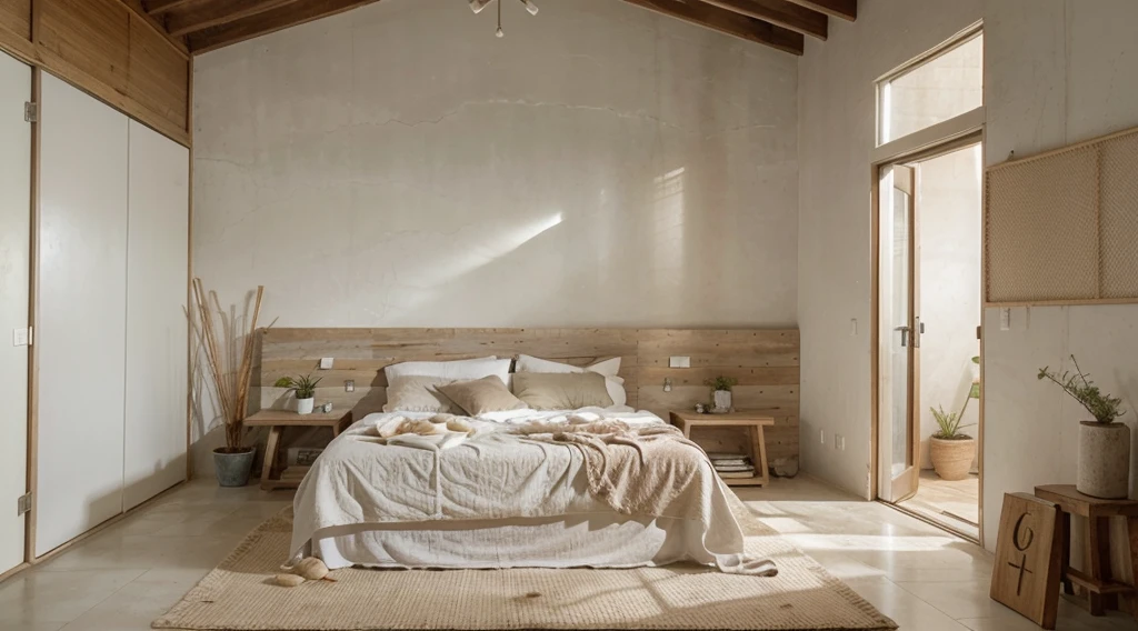 (best quality,realistic), wabi sabi, rustic wooden material, white concrete, morning light, bedroom, bright interior, textured walls, minimalistic design, natural elements, soft color palette, subtle details, clean lines, cozy atmosphere, serene ambiance, imperfect beauty, aged textures, organic forms, simplicity, peacefulness, harmony, mindfulness, green potted plant, blend with nature.