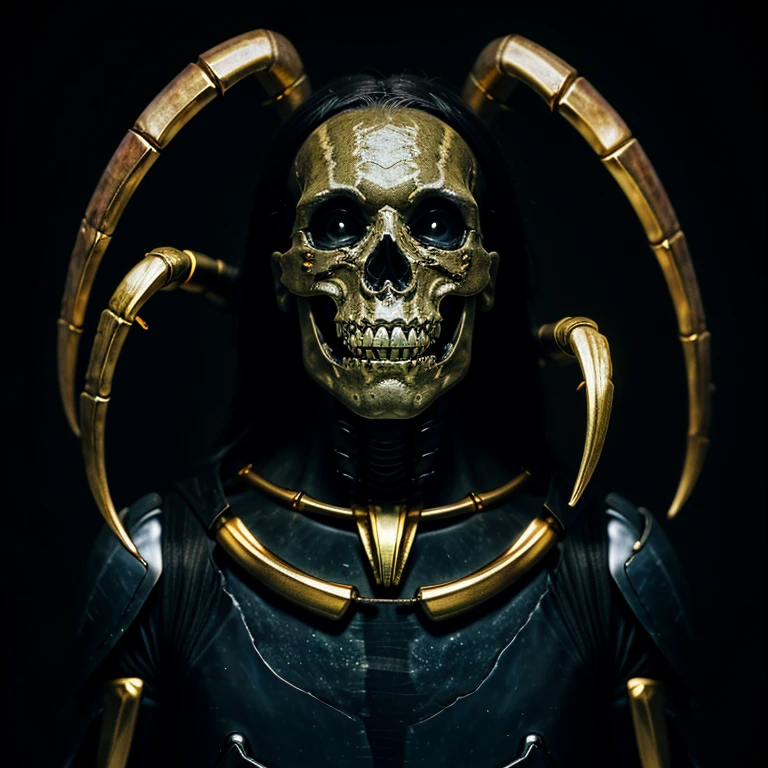 Photographic still of an skeleton, obsidian skin, teeth dripping, gold veins showing beneath it's skin, dark, onimous