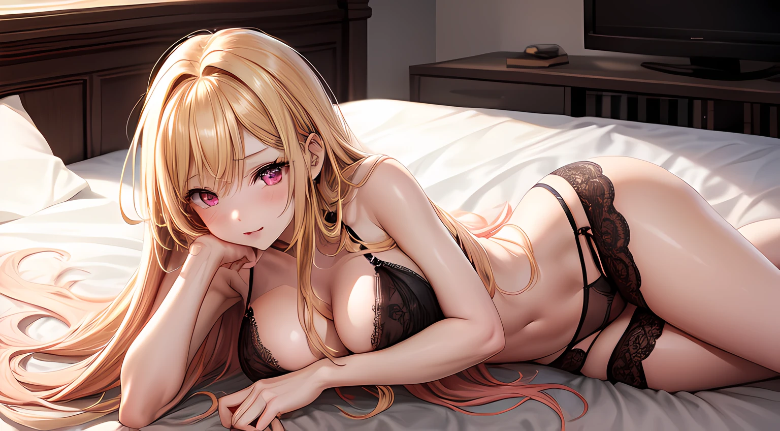 1 girl, long hair, blonde hair,smooth blonde hair with an ombré transition to pinkish-red or citrus orange at the tips and reaching down to waist in the rear, dark pink color eyes contact, large breast, black lingerie, black panties, black pair of stocking, laying on top the bed