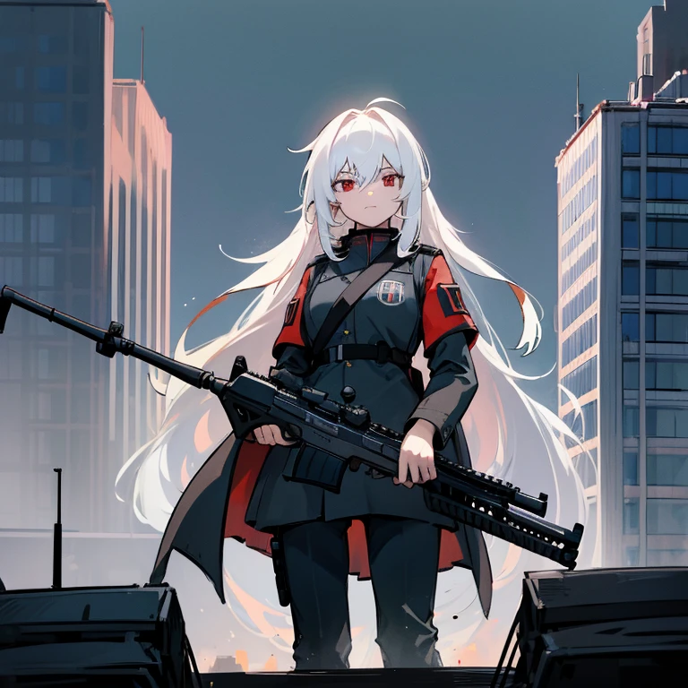 military roux, 1girll, Solo, Standing, Very long hair, (hair messy:1.3) White hair, Red Eyes, skinny, Bangs, hair between eye, , Gauss rifle, Baumann&#39;s Wehrmacht, , assault_rifle, Holding_gun, Aim for a, Aim for a_で_peeping at the viewer, trigger_discipline,  (Germanic cityscape background), Flag of Greater Germania, (germanic black military uniform), Military, troop,，futuristic era,Return to the worldview of the German headquarters