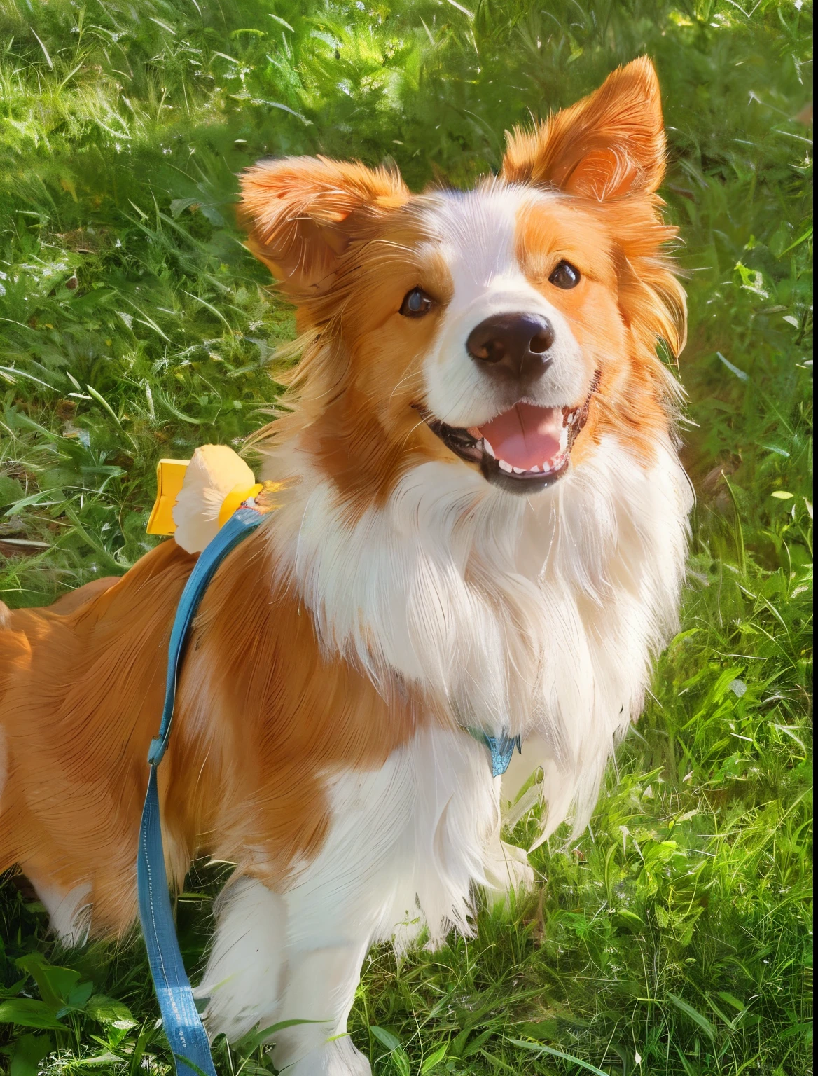 Generate the dog animation on this picture,dog land,And the accessories on the body,Pay attention to these details,The degree of restoration must be high