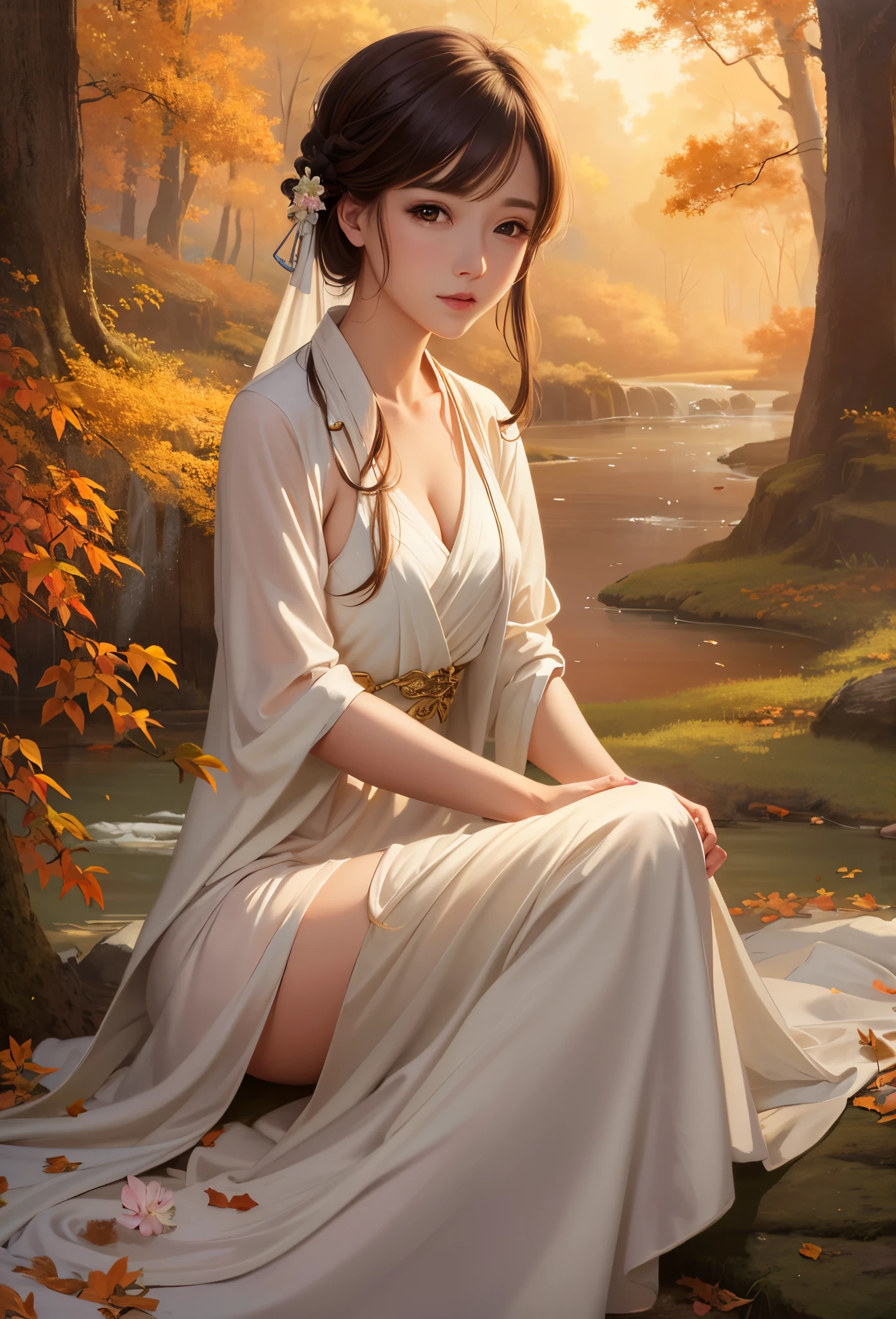 painting of a woman in a white dress sitting in a forest, by Yang J, goddess of autumn, inspired by Cynthia Sheppard, artwork in the style of guweiz, detailed painting 4 k, by Li Song, beautiful art uhd 4 k, by Zeng Jing, guweiz on artstation pixiv, elegant digital painting, by Xie Sun