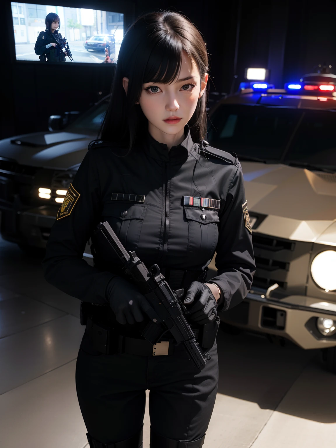 Beautiful tall attractive woman with black swat military uniform holding a gun night scenario with swat car with cyrene in best quality and best effects best shadows best lighting 8k