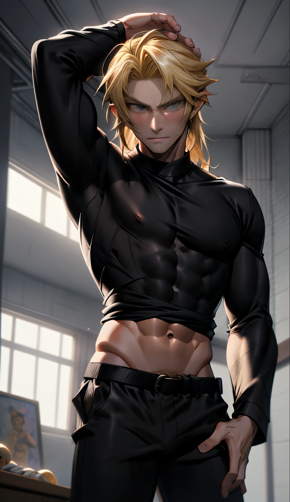 a close up of a man with blonde hair and no shirt, perfect anatomy, perfect nale body,handsome guy, shirtless :: high detail, blonde, anime boy, blonde waist-long hair, handsome anime pose, smooth skin,link, masterpiece,detailed, intricate,4k,digital painting,pants,martial arts,black belt, muscular,perfect abs,warrior,sportive,seductive,horny,(smiling:0.5)(evil:0.3)(from below:1.2),(indoor)(palace)(one hand behind head),serious, confident,looking at viewer,maledom,prince,dominant, bdsm,sports,sportive, sweatpants,(long-sleeve tight black shirt:1.5)