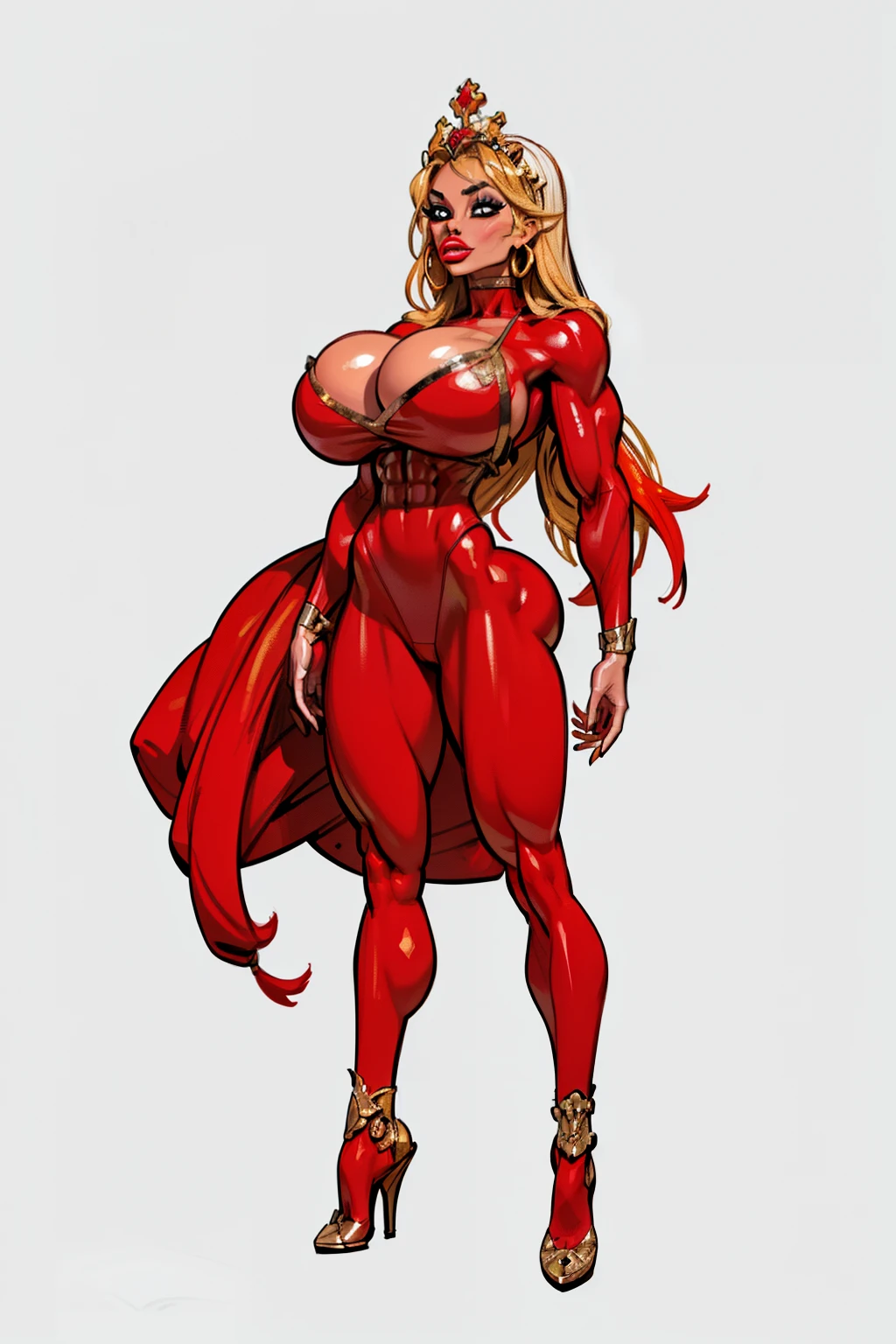 ((side profile)), ((full body view:1.4)), ((masterpiece)),(((best quality))), ((big eyes:1.4)), (( crown:1.4)), defined cheekbones, high cheekbones, illustration, ((muscular:1.3)), ((gold:1.4)), sexy bimbo, (gigantic breasts:1.5),long hair, ((detailed face:1.4)) beautiful woman, (red lipstick:1.4), shiny skin, ((skindentation)), scribbles and marks,(puffy lips:1.4) , rough sketches, pose, 8k,16k, ( background, white background: 1.3) ((warm color palette)), ((ancient aesthetic))