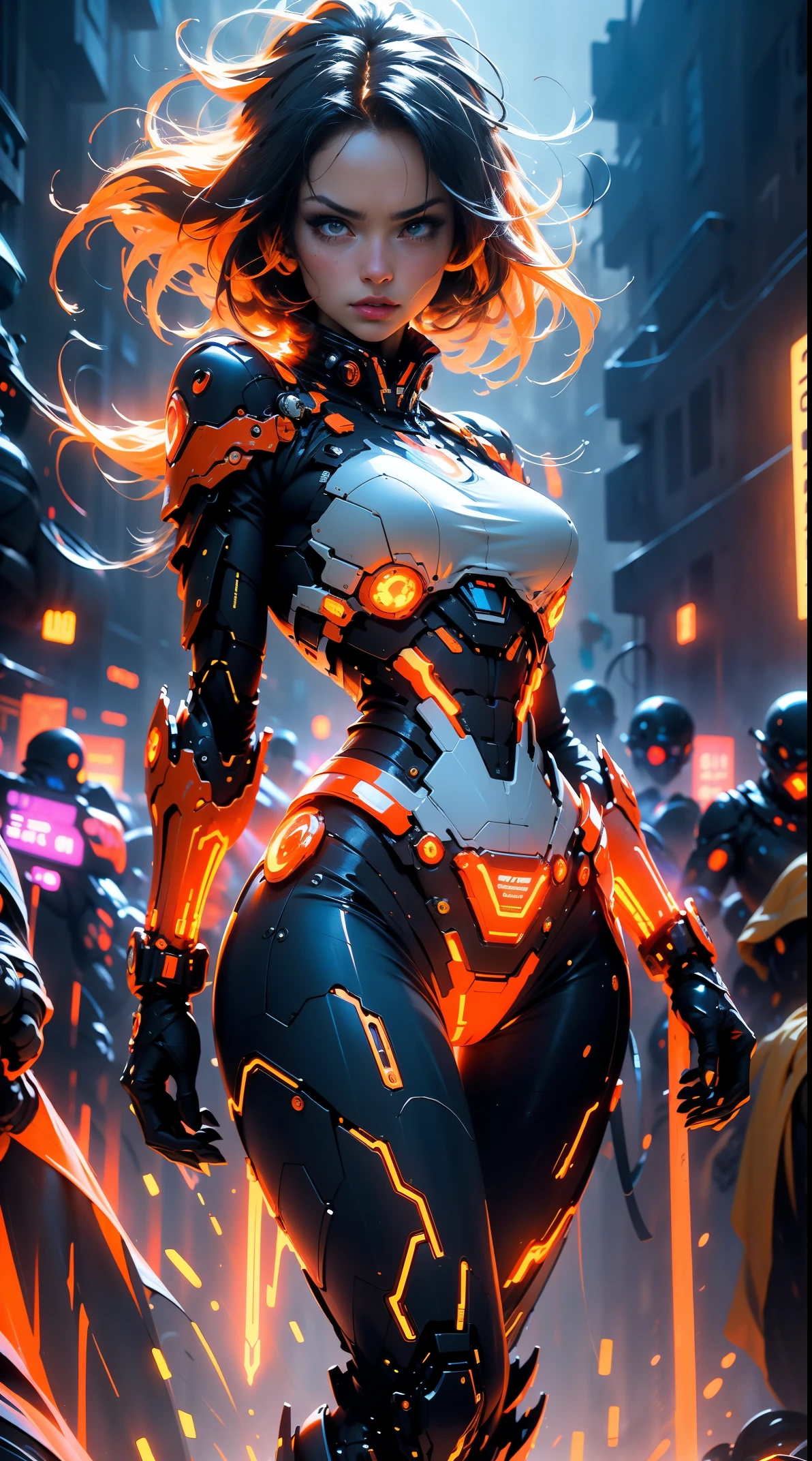 Beautiful woman with centipede features becomes orange and white high-tech mecha superhero，Hands holding high-tech weapons like centipede pincers，Upper body，Highlight the face，Serious look，looking towards the audience，the night，The city is in war，Explosion and demolition，In the heart of a high-tech city，neon，intergalactic