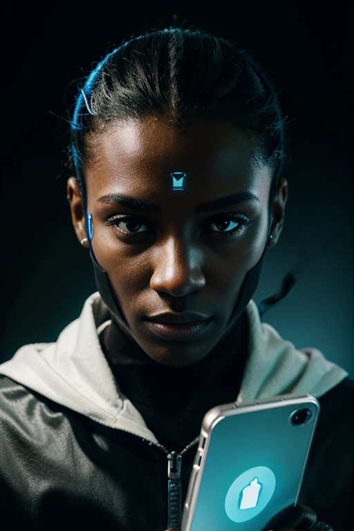 cyber security black human face with logo sheld and mobile alame