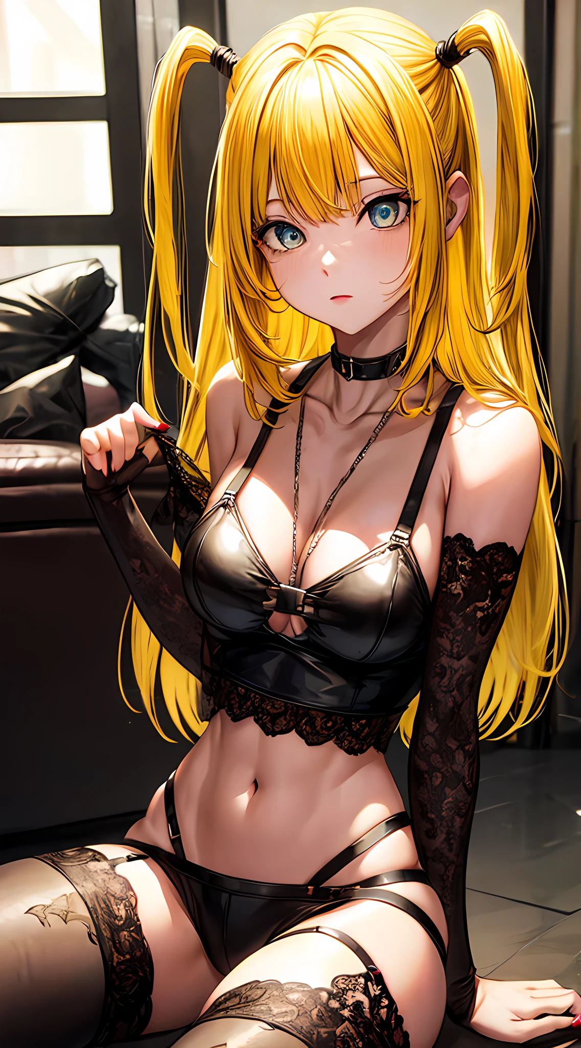 misaamane, misa amane, long hair, bangrown eyes:1.7), (yellow hair:1.5), blunt bangs, (two side up:1.5), red lips, lipstick, solo, 1girl, cowboy shot,
BREAK thighhighs, jewelry, collarbone, boots, detached sleeves, choker, black thighhighs, necklace, black footwear, black thong, black crop top, cleavage, medium breasts, garter straps, cross, red nails, cross necklace,
BREAK looking at viewer,
BREAK indoors,
BREAK (masterpiece:1.2), best quality, high resolution, unity 8k wallpaper, (illustration:0.8), (beautiful detailed eyes:1.6), extremely detailed face, perfect lighting, extremely detailed CG, (perfect hands, perfect anatomy),