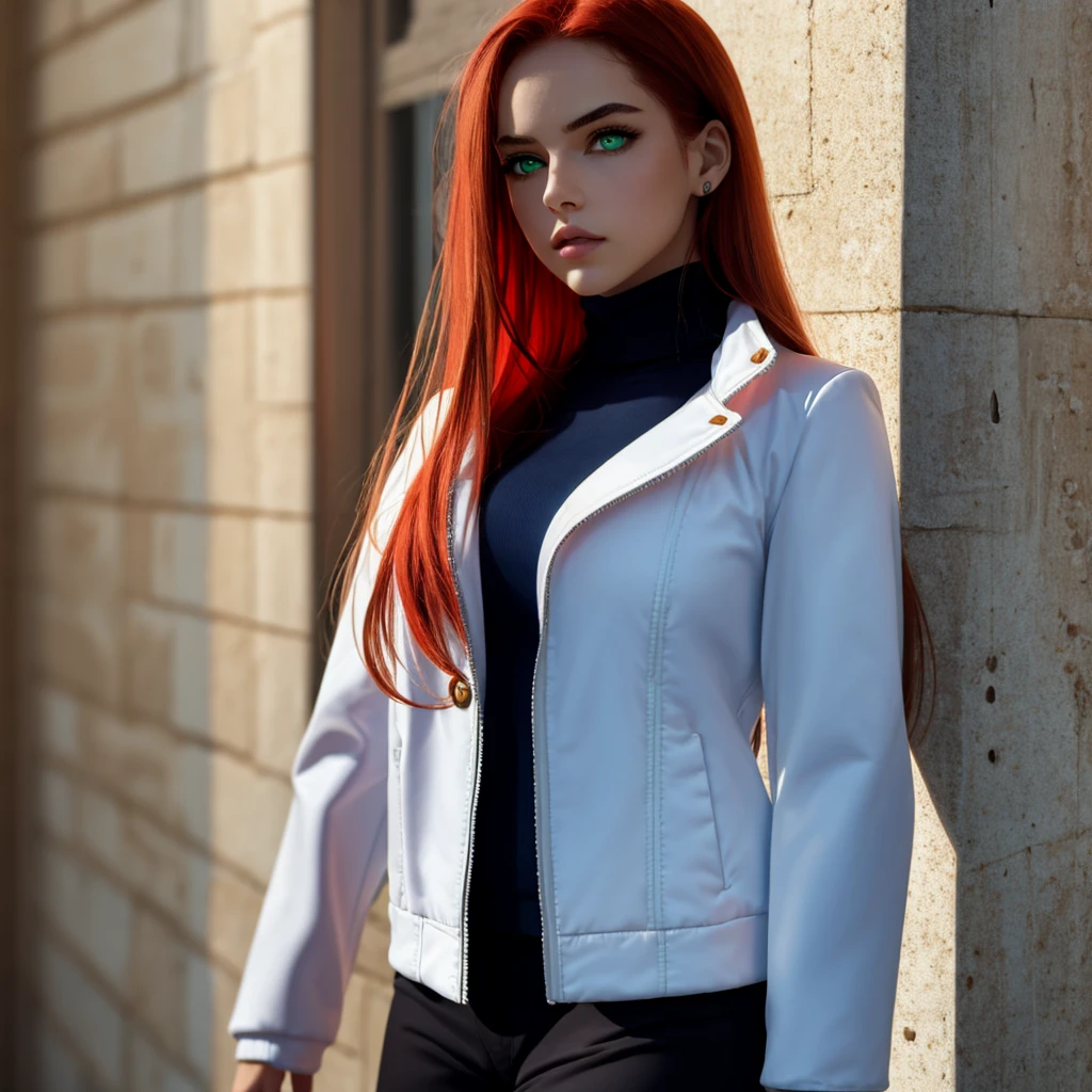Redhead, full lips, modelesque figure, emarald green eyes, full body, cinematic lighting, white turtleneck, blue jacket