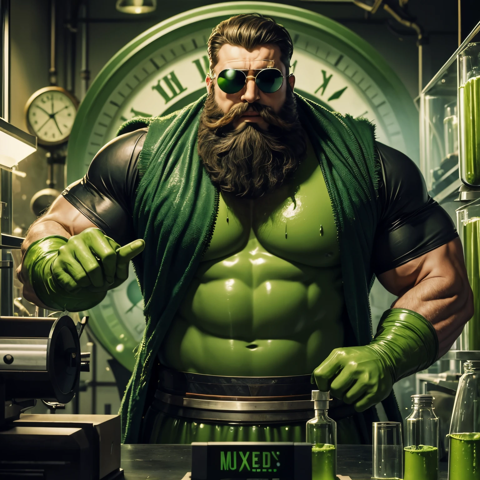 Crazy musculair professor with a beard an round sunglasses who works in a lab with green slime amd he puts the green slime in a bigclock