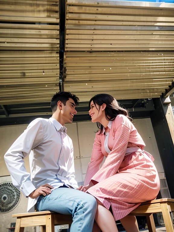 they are sitting on a bench and smiling at each other, candid picture, photoshoot, ghutra and egal, looking at each other mindlessly, smiling at each other, from side, on rooftop, !! low contrast!!, having a time of our un-life, lovely couple, profile image, very very low quality picture, thought provoking, mutahar laughing