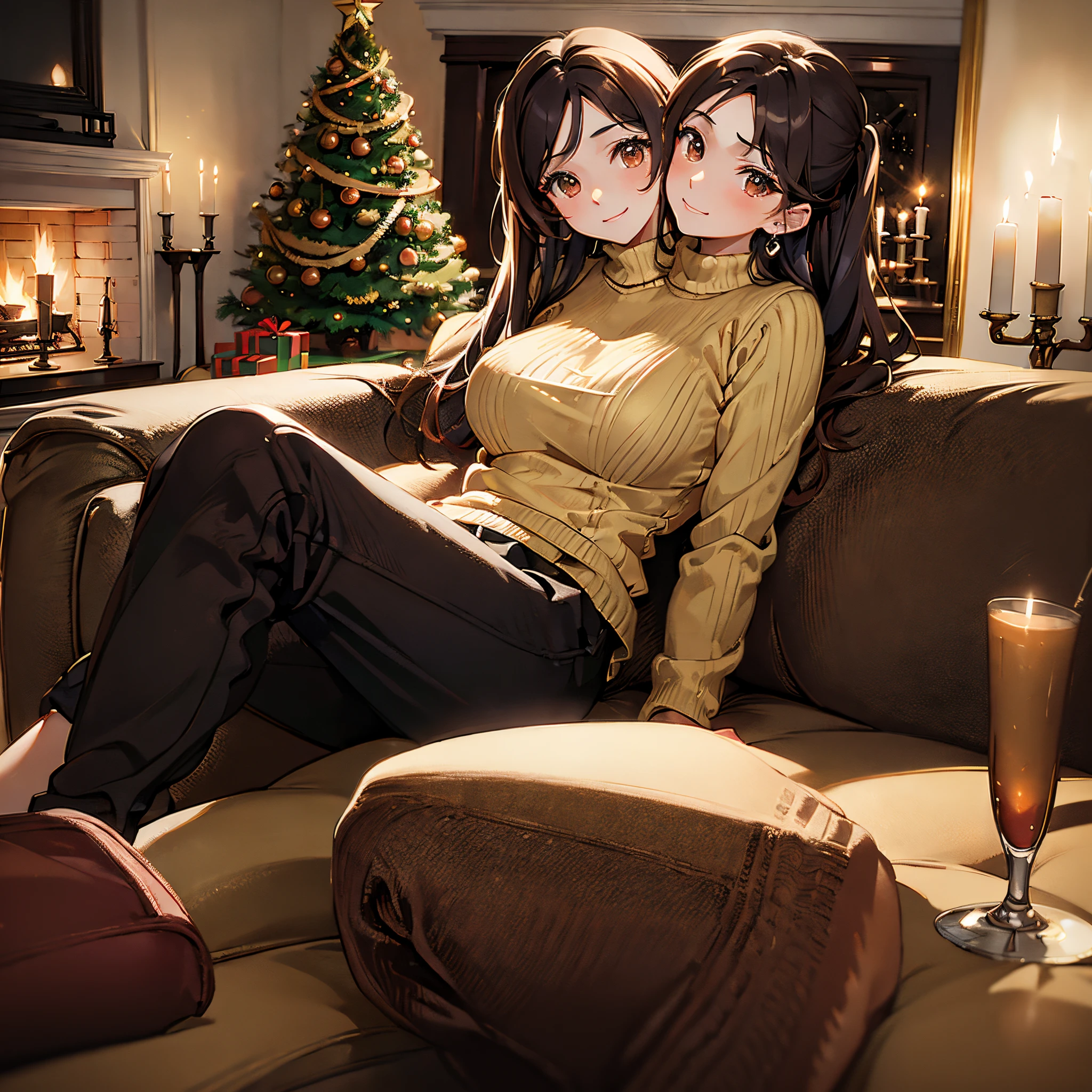 (masterpiece, best quality), best resolution, (2heads:1.5), 1girl, brown, brown eyes, relaxed, happy, christmas sweater, black pants, sitting in front of fireplace, living room at night