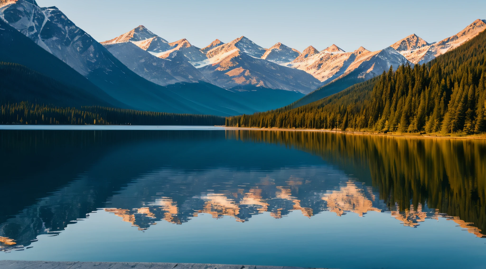 Create an image of a calm lake reflecting a serene mountain. Ripples on the water represent thoughts, illustrating the tranquility achieved through mindfulness, with a focus on the present moment