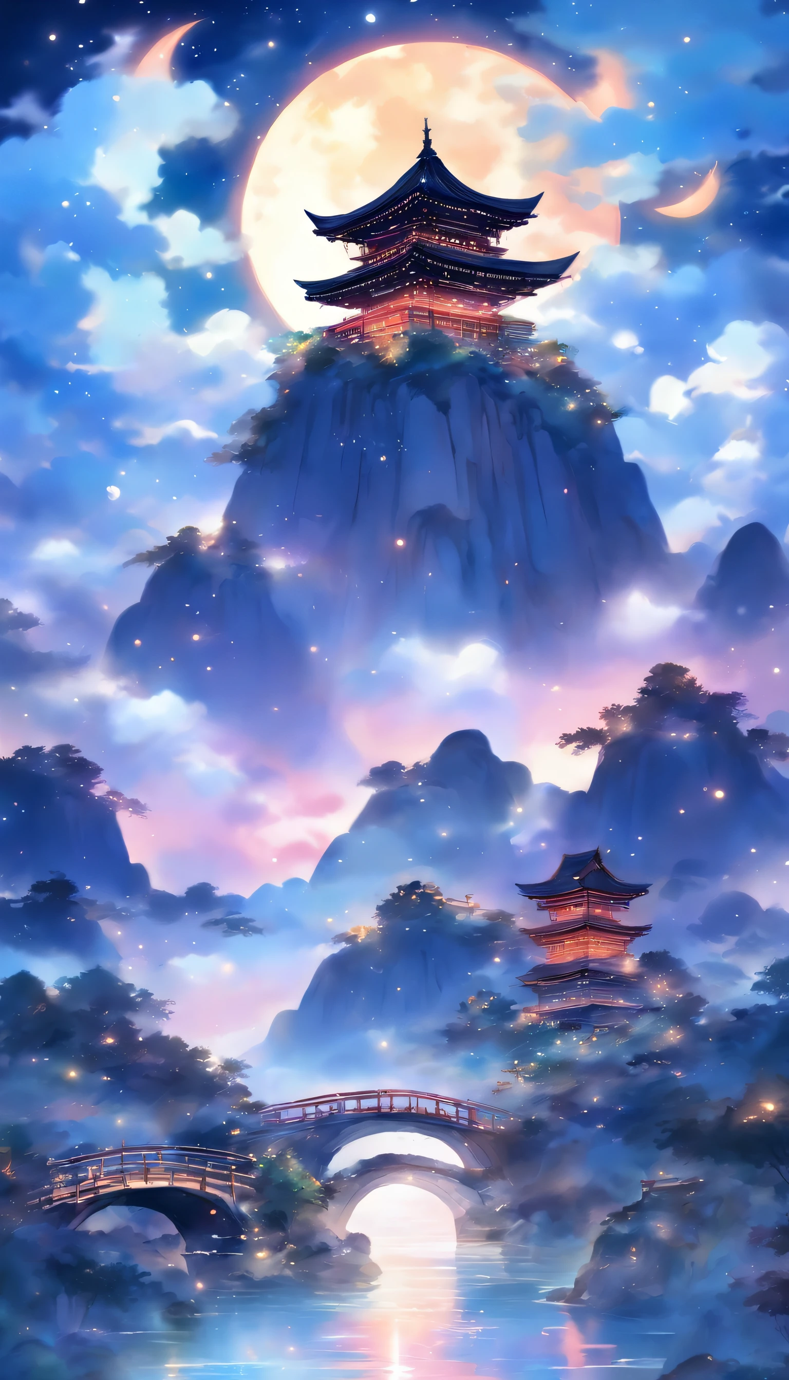 landscape painting,ancient wind,natta,cloud,themoon,small bridge flowing water,Line watercolor,Star Blue,A little richer in color