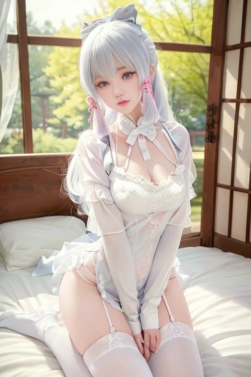 one-girl, long white hair,High ponytail,Pink hair accessorieull body lesbian, Lie on the floor,(delicate illustrations: 1.4), (The main part: 1.0), (Best quality at best: 1.4), (Watch from behind),(((tmasterpiece))),((Best quality)),(hyper HD |: 1.2), (photographrealistic: 1.4), (8K, RAW photogr: 1.2), ( soft focus: 1.4), (18years:1.3), (lock focus: 1.4) , Chinese beautiful woman , uniformity , open, big juicy breasts, , (Sam), sexy for, (let me see you in bed),White lace nightdreslack translucent lace,White lace garter, white knee-socks, Romantic, Big breasts are beautiful, The beautiful, sexy for, perfect pubic bone , plum, Perfect bust shape,The lips are slightly open、Upturned buttockace flushed,Ecstatic eyes, (I bent down and looked at her :1.2)、(Let me see your slanted hips)、A large amount of white liquid appears on the body((Leaning forward)),(posterior view)、(rear projection)。