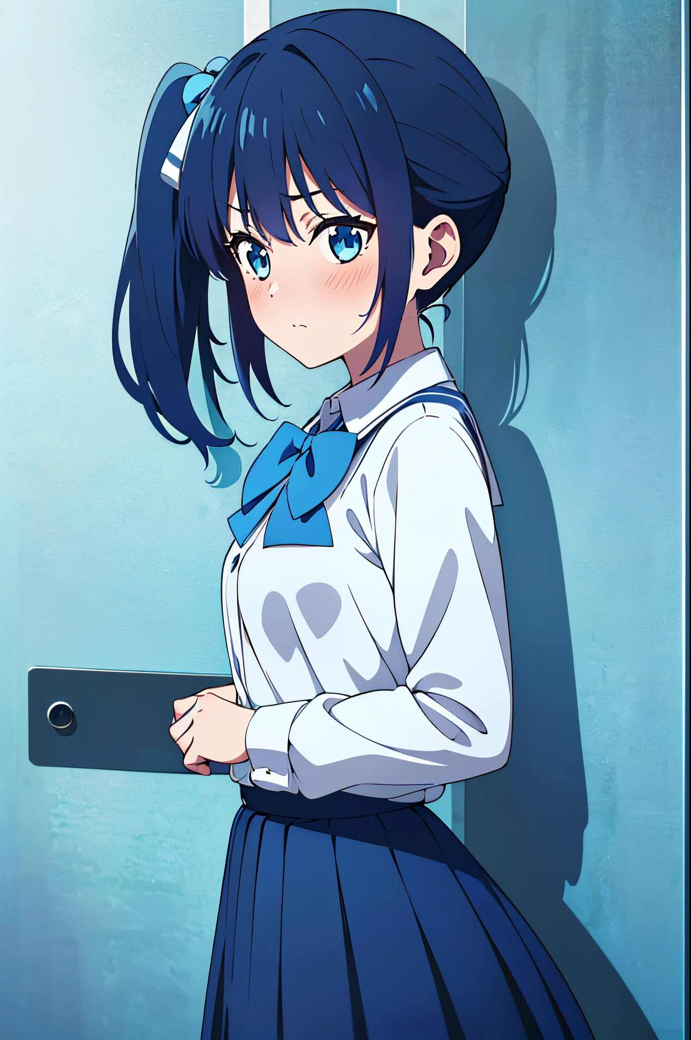 (the Extremely Detailed CG Unity 8K Wallpaperasutepiece),(Best Quality),(Ultra-detailed),(Best Illustration),(Best Shadow),(absurdereinase, 1girl in, Solo, Blue eyes, Skirt, Side Ponytail, School uniform, Looking away from viewer, Bow, blue bow, Short hair, bowtie, Blue hair, Anime coloring, red blush