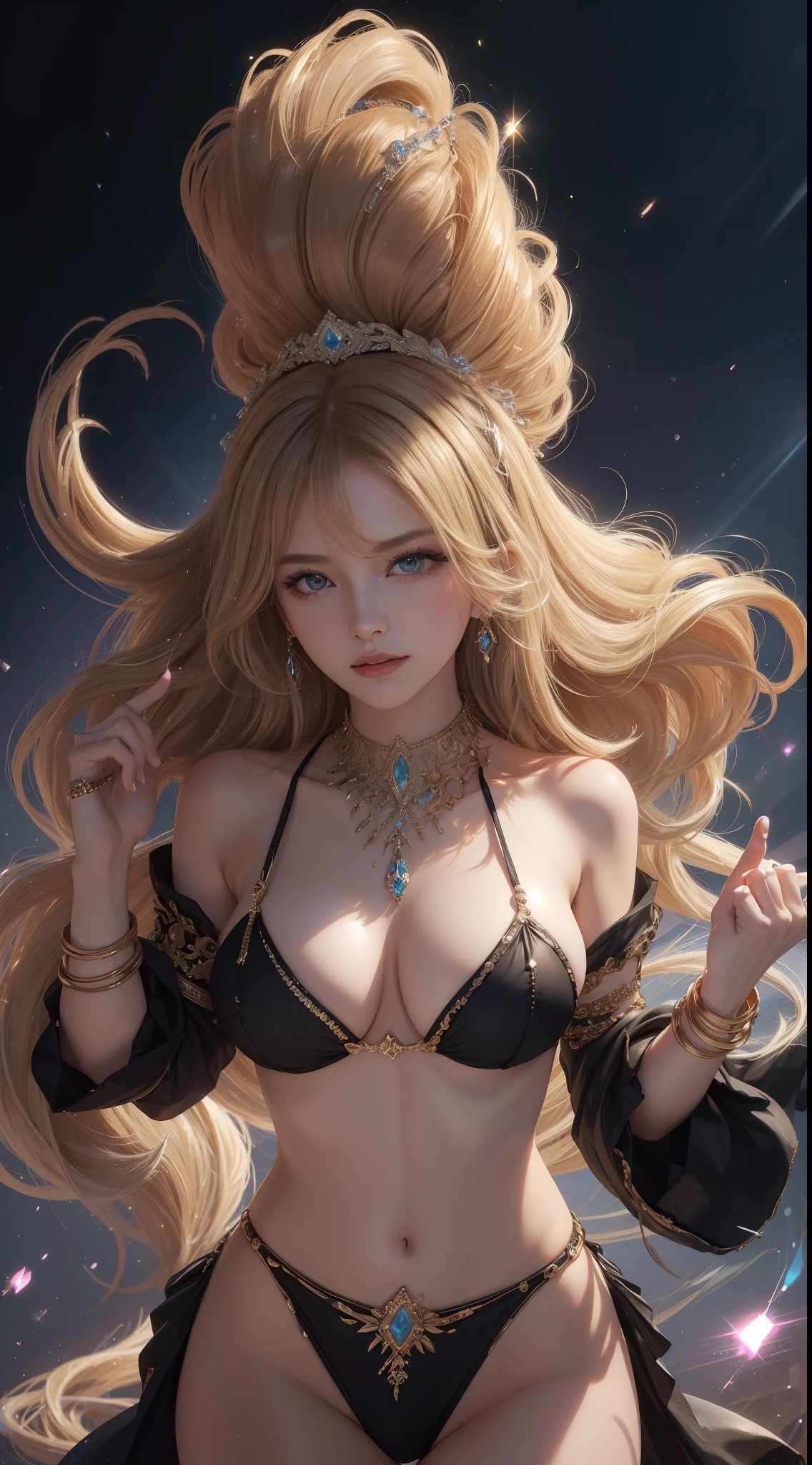 tmasterpiece,Highest image quality,Beautiful bust of noble western dance,Sophisticated black and blonde hairstyle,A dazzling array of exquisite jewelry A vast array of exquisite jewelry,bikini dance clothes,Ultra-detailed details,advanced。At the Pixiv Art Station,Break your own power,,Obscenity exposed,R-18G