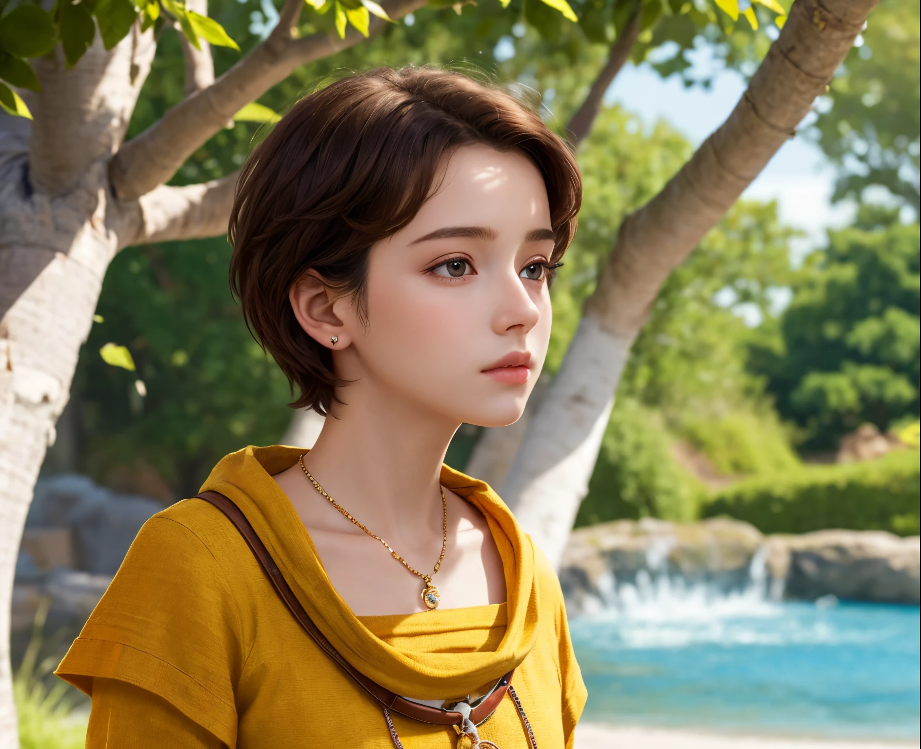 masterpiece, best quality, 8k, super detailed skin, looking off into the distance, jealous, cute, 1girl, short hair, wearing boubou, a secret society of time travelers,