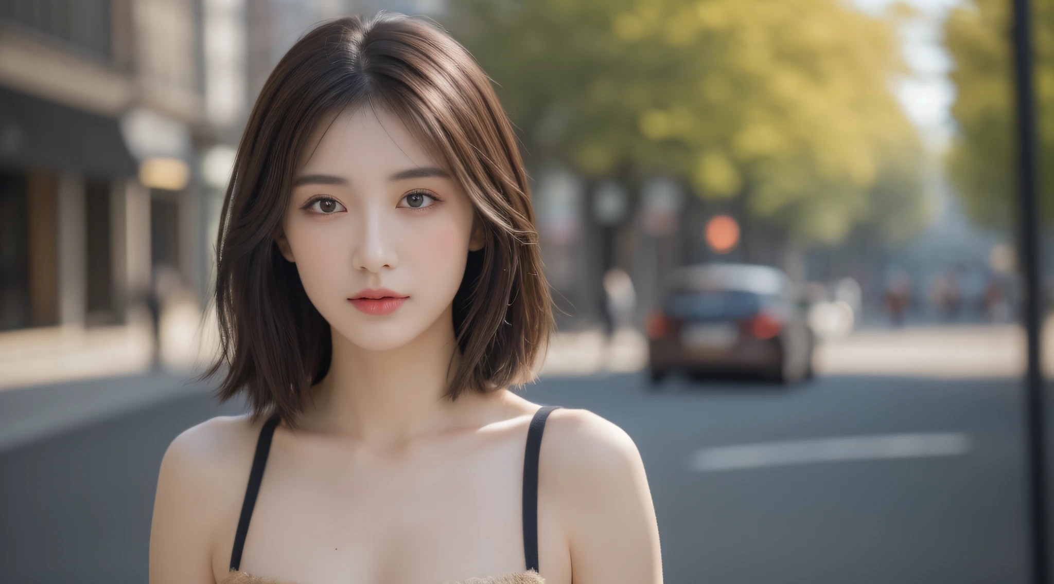 ((Best quality at best, 8K, tmasterpiece :1.3)), Focus sharp :1.2, Beautiful woman with perfect body:1.4, Slim abs:1.2, ((dark brown  hair, :1.2)), (natural soft light, the city street:1.1), Highly Detailed Face and Skin Textur，詳細な目，二重まぶた