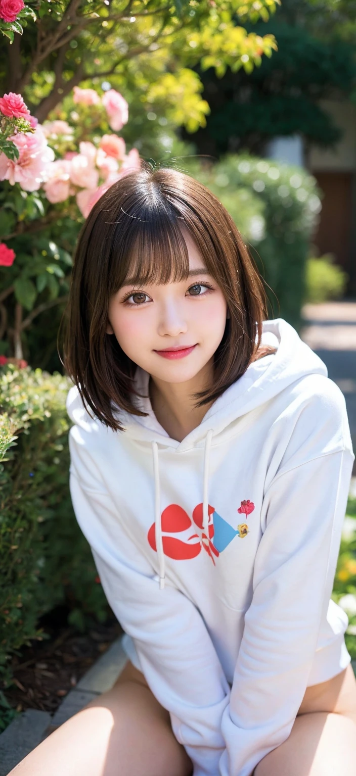 Spread legs, Shoot from below, Line, Cameltoe, Looking at the camera, Naked body, Sexy Hoodies, Colorful flower garden, A slender, Kissing face, idolface, Neat face, Blur the background, bob cuts, Colossal tits, 14years, Lori, Big smile, masterpiece, top-quality, Raw photo, Photorealsitic, beautiful a girl, cute little, shorth hair, depth of fields, hight resolution, ultra-detailliert, finely detail, ighly detailed, extremely detailed eye and face, Sharp pupils, Cinematic lighting
