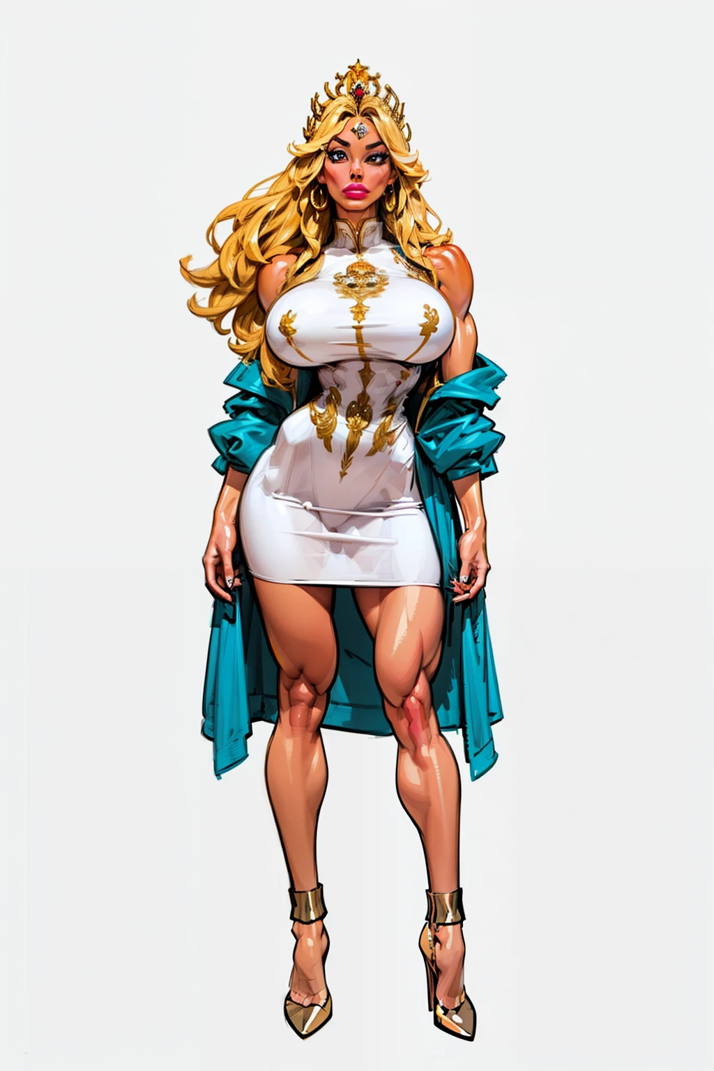 ((full body view:1.4)), ((masterpiece)), (((best quality))), ((mature face)), ((big eyes:1.4)), ((crown:1.4)), defined cheekbones, high cheekbones, illustration, ((muscular:1.3)), ((gold:1.4)), sexy bimbo, (gigantic breasts:1.2),long hair, ((detailed face:1.4)) beautiful woman, (lipstick:1.4), shiny skin, ((skindentation)), scribbles and marks,(puffy lips:1.4) , rough sketches, pose, 8k,16k, ( background, white background: 1.3) ((warm color palette)), white blouse